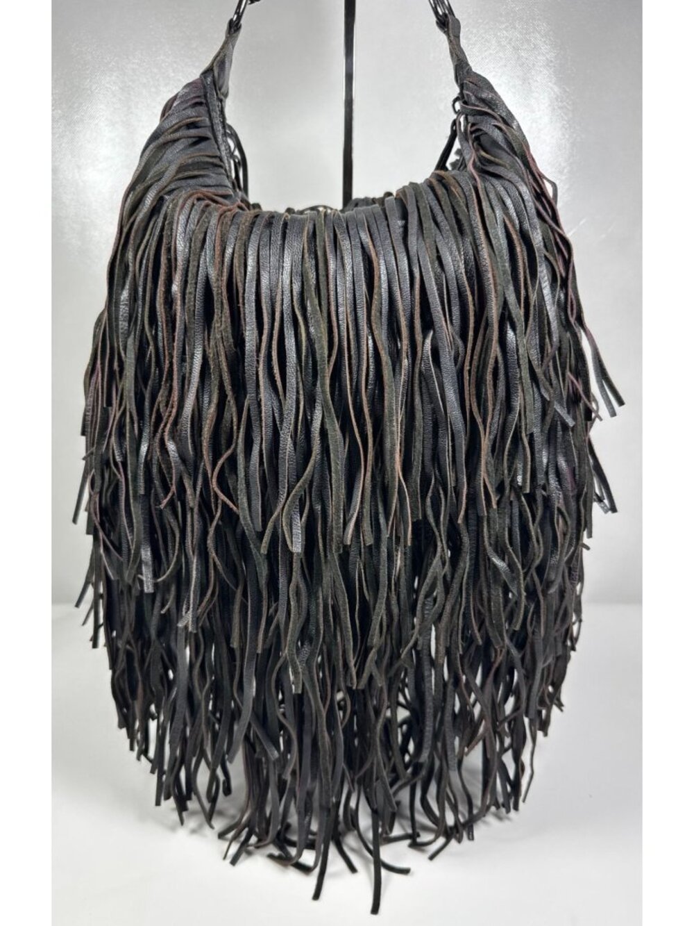 Black Goat Leather Shag Fringe Handbag Chain Strap Hobo Purse Western Boho
